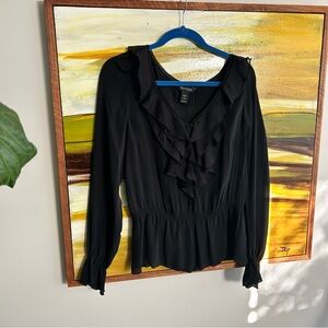 White House Black Market Ruffled Black Blouse